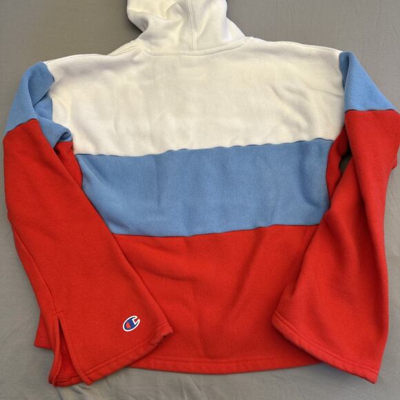 Champion Sweater Womens Medium Blue Red Reverse Weave Hooded Retro Split Sleeves - Picture 11 of 13